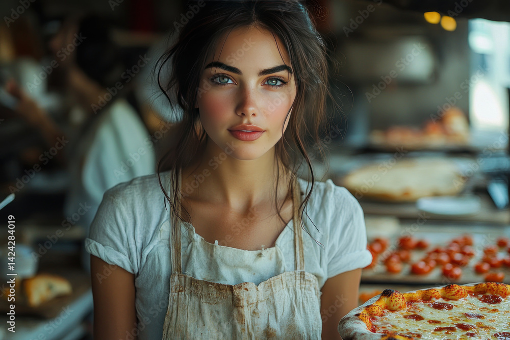 A young woman with expressive features and clear eyes stands in the foreground of a bakery or pizzeria.