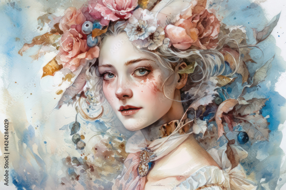 Watercolor artistic portrait of a young woman with delicate features, dressed in a vintage dress.