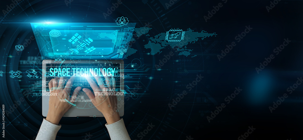 Fototapeta premium Man using a laptop with space technology on the keyboard is analyzing and developing various information about satellites, satellite communication, space mining, astrobiology, and space medicine.