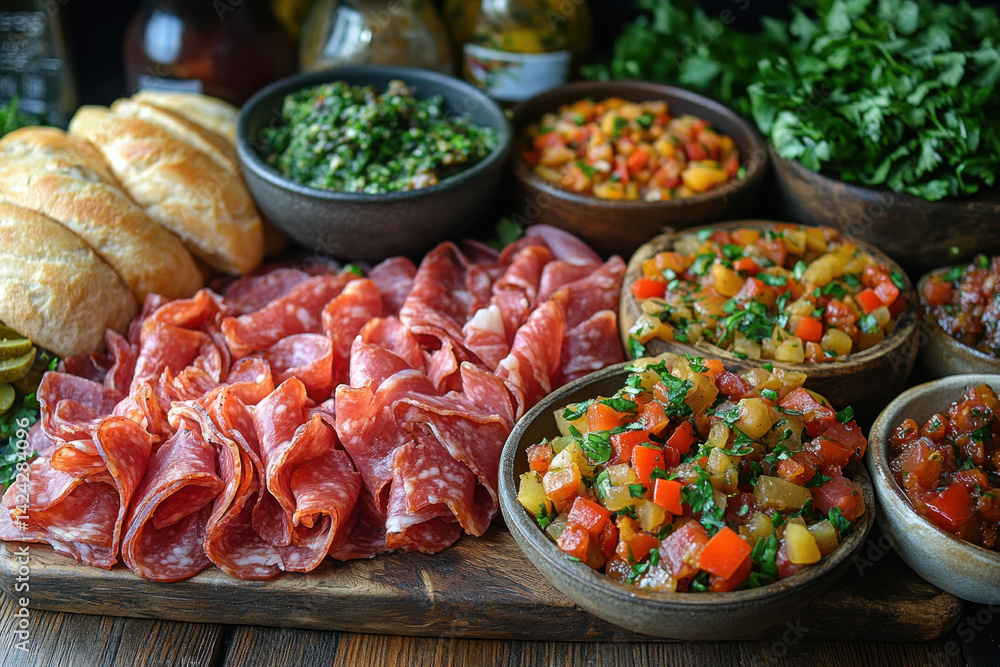 A colorful photo of a delicious meat appetizer with elements of Mediterranean and European cuisine. Slices of sausage and prosciutto are laid out on a wooden board,
