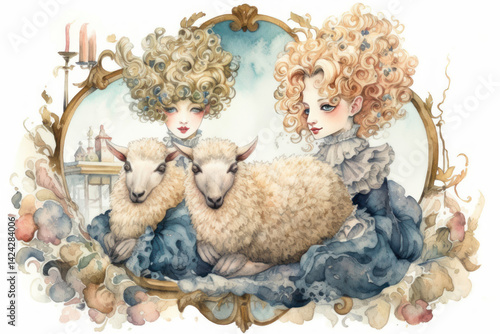 Obraz na płótnie A charming watercolor illustration in a vintage fairy tale style. The image shows two young girls with doll-like faces, w salonie