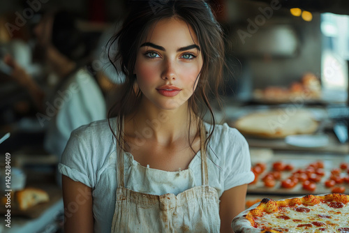 Obraz na płótnie A young woman with expressive features and clear eyes stands in the foreground of a bakery or pizzeria. w salonie