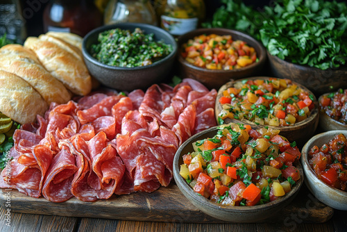 Obraz na płótnie A colorful photo of a delicious meat appetizer with elements of Mediterranean and European cuisine. Slices of sausage and prosciutto are laid out on a wooden board, w salonie