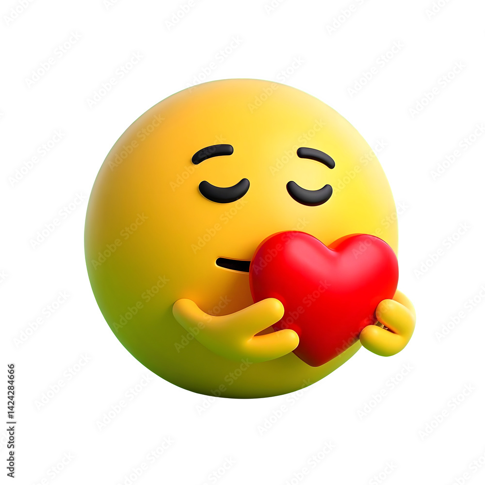 Fototapeta premium A yellow emotion emoji holding a heart and cartoon, icon, smiley, fun, emoticon 3d isolated on white background PNG.