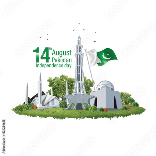 14 August Pakistan independence day. 3d letter  with Quaid-e-Azam Tomb, Minar e Pakistan and  Pakistani flag. abstract vector illustration design