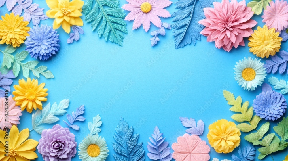 Paper flowers and leaves surround a pastel blue space Paper flowers and leaves surround a pastel blue space