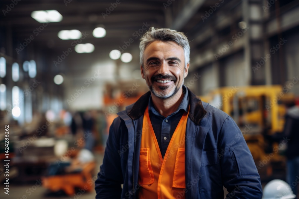 confident smiling man portrait in a factory worker confident smiling man portrait in a factory worker