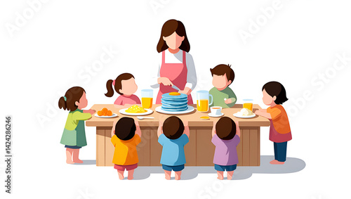 Wallpaper Mural Diverse children eagerly enjoying pancakes served by caring teacher in bright dining room Torontodigital.ca