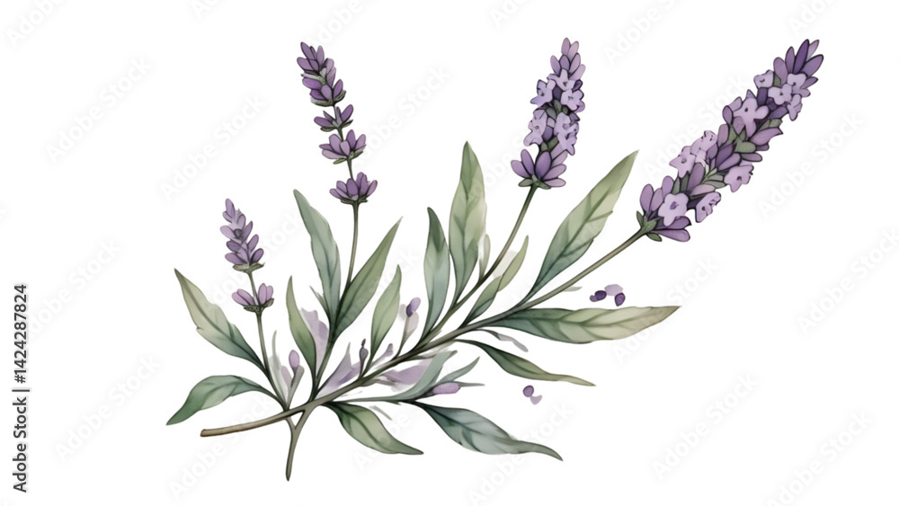 Naklejka premium Watercolor Lavender Sprig Transparent PNG