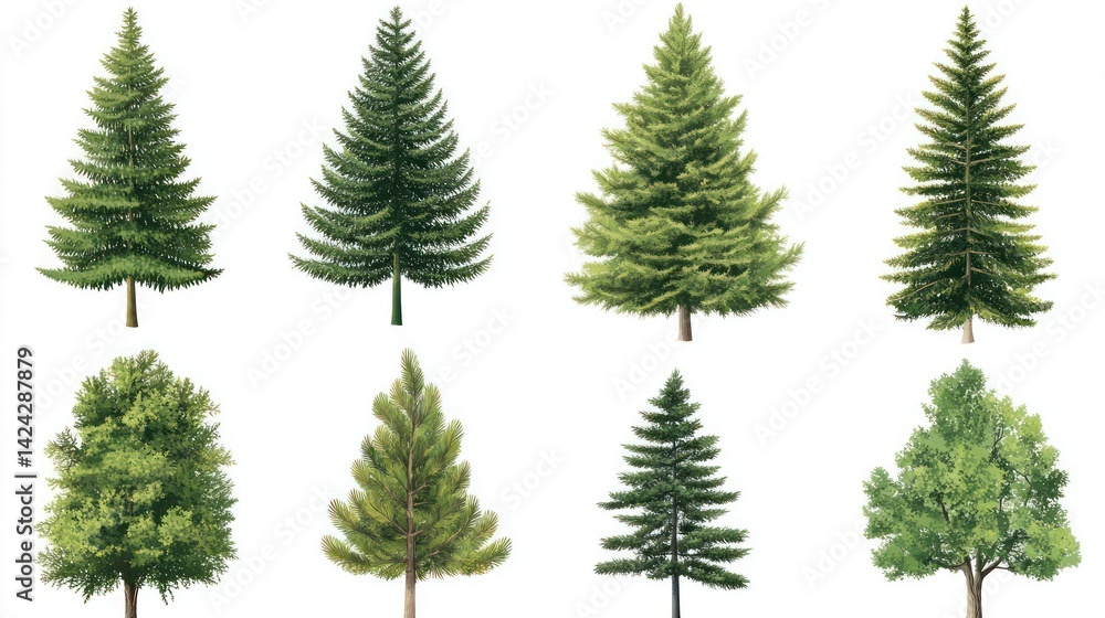 Eight evergreen and deciduous trees isolated on white background; nature, design, illustration Eight evergreen and deciduous trees isolated on white background; nature, design, illustration