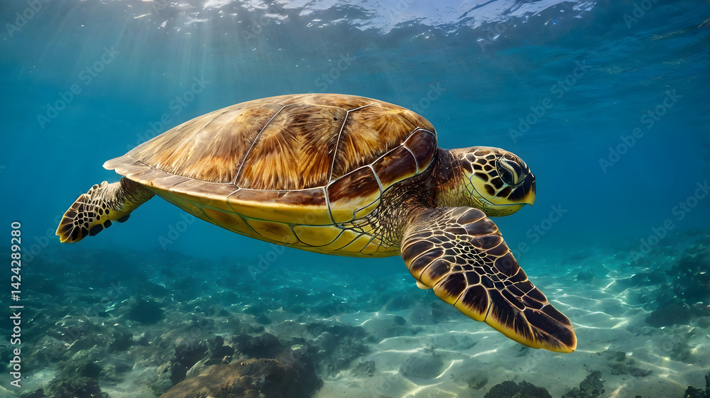 An endangered Hawaiian Green Sea Turtle cruises in the warm waters of the Pacific Ocean in Hawaii.