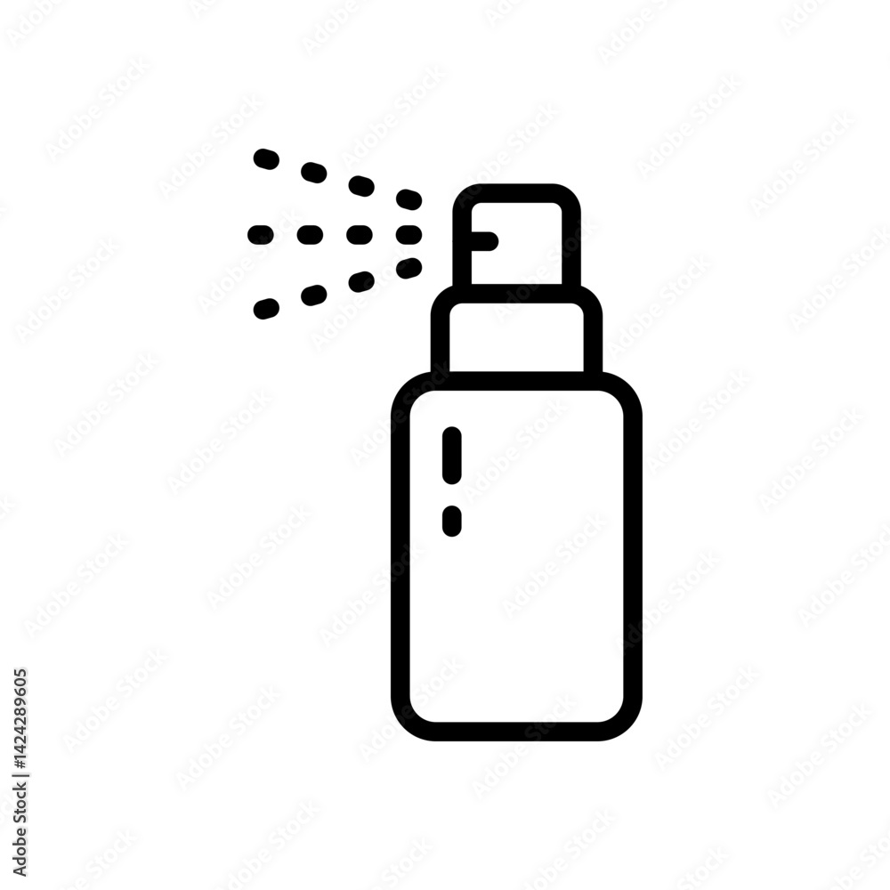 Bottle spray icon. Simple style symbol. Deodorant, dry shampoo, pump, antiseptic plastic packaging, liquid, clean, beauty care, hair care concept. Outline vector icon for web design isolated on white Bottle spray icon. Simple style symbol. Deodorant, dry shampoo, pump, antiseptic plastic packaging, liquid, clean, beauty care, hair care concept. Outline vector icon for web design isolated on white