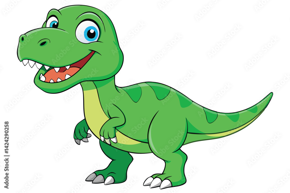 A cheerful cartoon tyrannosaurus with green scales and bright eyes stands smiling on a white background, Tyrannosaurus cartoon on white background. A cheerful cartoon tyrannosaurus with green scales and bright eyes stands smiling on a white background, Tyrannosaurus cartoon on white background.