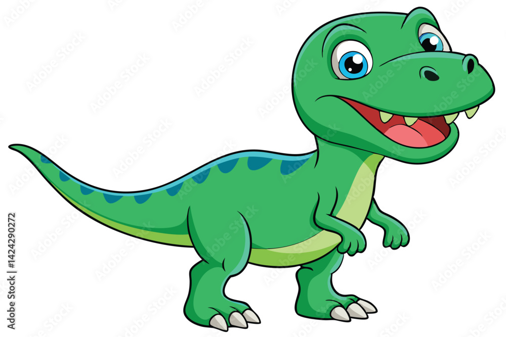 A cheerful cartoon tyrannosaurus with green scales and bright eyes stands smiling on a white background, Tyrannosaurus cartoon on white background. A cheerful cartoon tyrannosaurus with green scales and bright eyes stands smiling on a white background, Tyrannosaurus cartoon on white background.