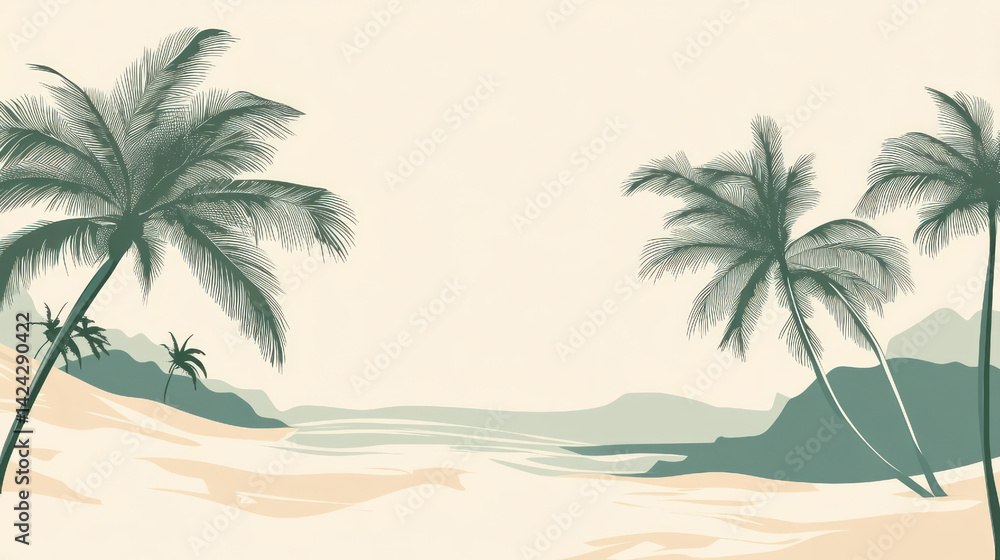 tropical beach landscape with palm trees and distant mountains in minimalistic style. summer vacation theme. travel blog, poster, background design. tropical beach landscape with palm trees and distant mountains in minimalistic style. summer vacation theme. travel blog, poster, background design.