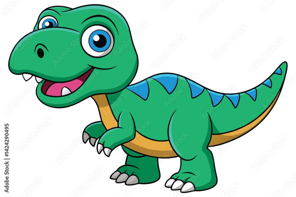 A cheerful cartoon tyrannosaurus with green scales and bright eyes stands smiling on a white background, Tyrannosaurus cartoon on white background. A cheerful cartoon tyrannosaurus with green scales and bright eyes stands smiling on a white background, Tyrannosaurus cartoon on white background.