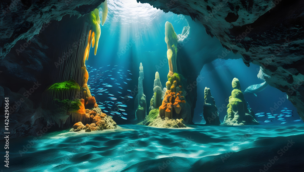 A majestic underwater cave system, illuminated by a shaft of sunlight that pierces through the crystal-clear turquoise water above, casting an ethereal glow on the ancient, fossilized formations