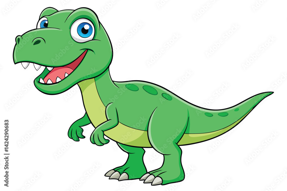 Fototapeta premium A cheerful cartoon tyrannosaurus with green scales and bright eyes stands smiling on a white background, Tyrannosaurus cartoon on white background.