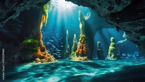 Obraz na płótnie A majestic underwater cave system, illuminated by a shaft of sunlight that pierces through the crystal-clear turquoise water above, casting an ethereal glow on the ancient, fossilized formations w salonie