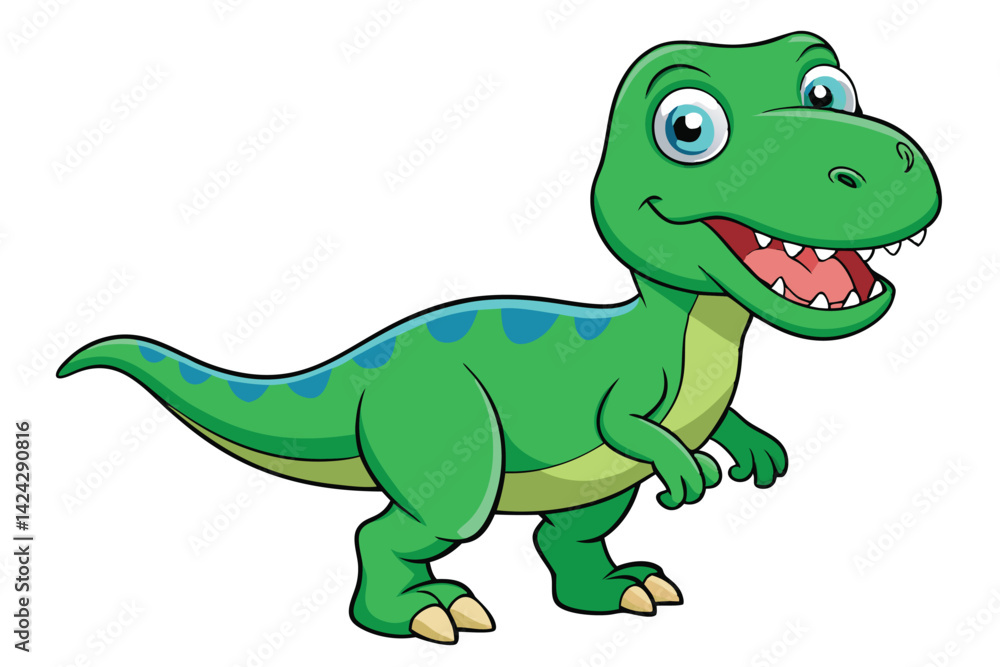 A cheerful cartoon tyrannosaurus with green scales and bright eyes stands smiling on a white background, Tyrannosaurus cartoon on white background. A cheerful cartoon tyrannosaurus with green scales and bright eyes stands smiling on a white background, Tyrannosaurus cartoon on white background.