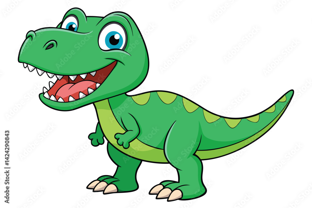 Fototapeta premium A cheerful cartoon tyrannosaurus with green scales and bright eyes stands smiling on a white background, Tyrannosaurus cartoon on white background.