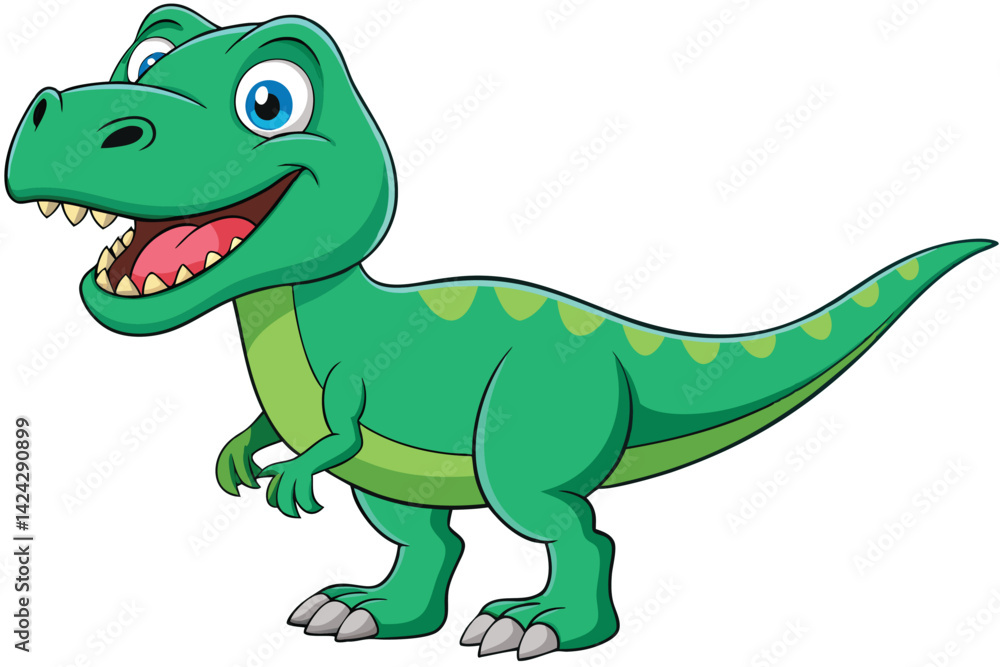 Naklejka premium A cheerful cartoon tyrannosaurus with green scales and bright eyes stands smiling on a white background, Tyrannosaurus cartoon on white background.