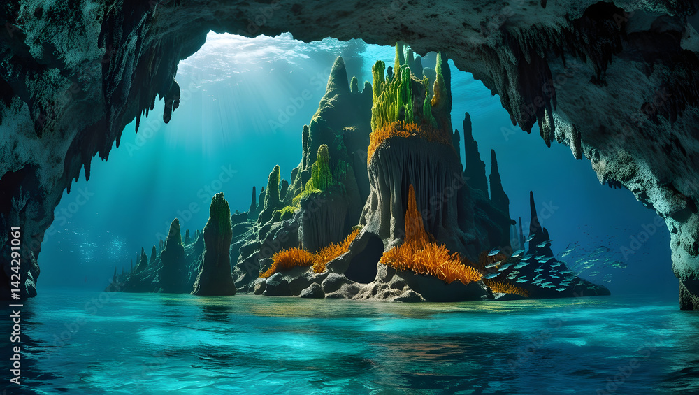 A majestic underwater cave system, illuminated by a shaft of sunlight that pierces through the crystal-clear turquoise water above, casting an ethereal glow on the ancient, fossilized formations