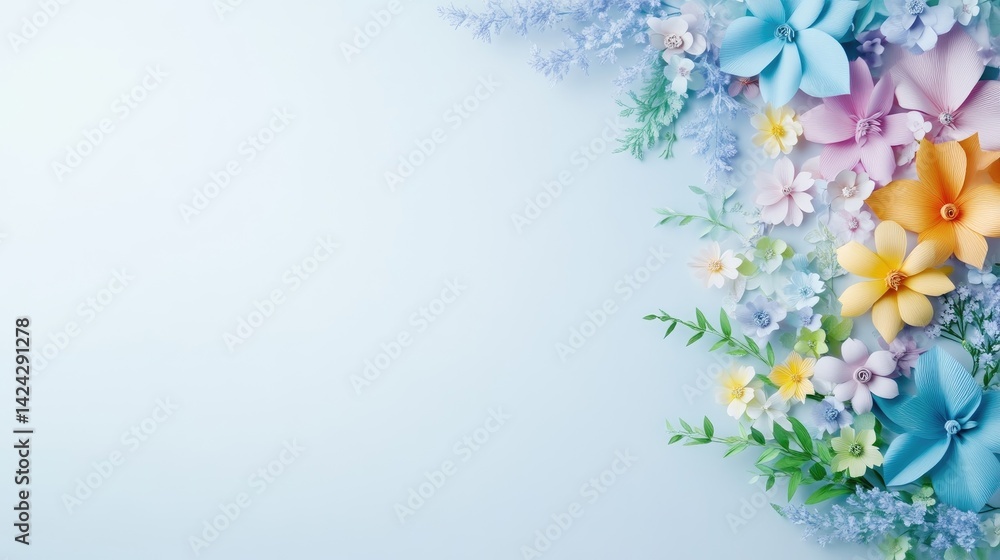 Fototapeta premium Pastel colored paper flowers in a light blue background