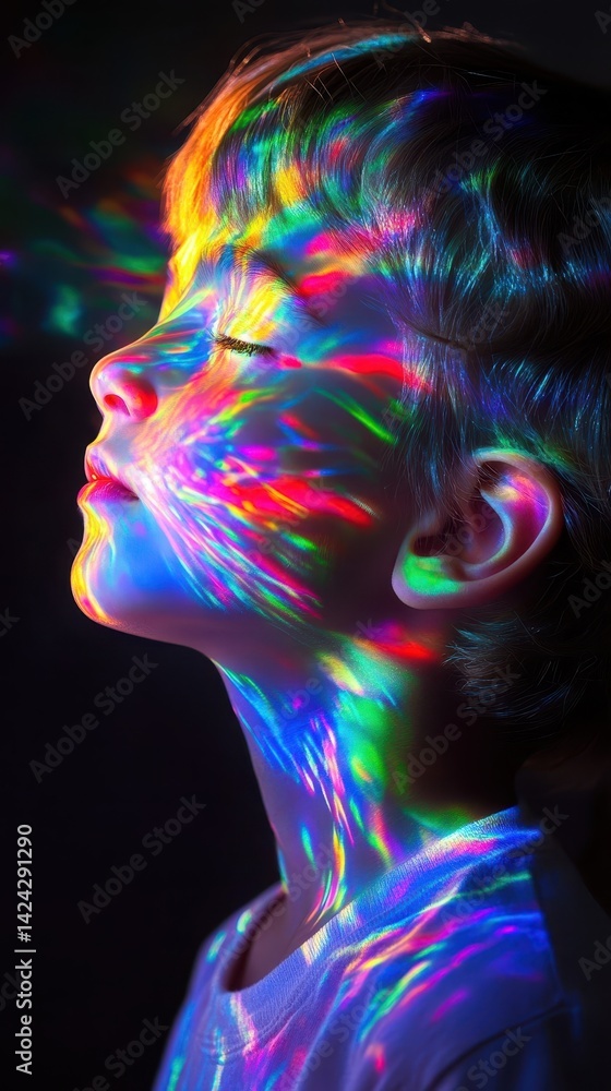 Fototapeta premium A child's face bathed in vibrant, colorful light projections.