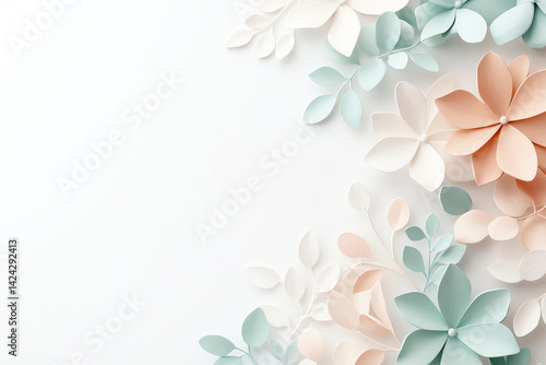 Obraz na płótnie beautiful arrangement of pastel colored paper flowers and leaves in soft shades of mint, peach, and cream, creating serene and elegant backdrop. Perfect for spring themes w salonie