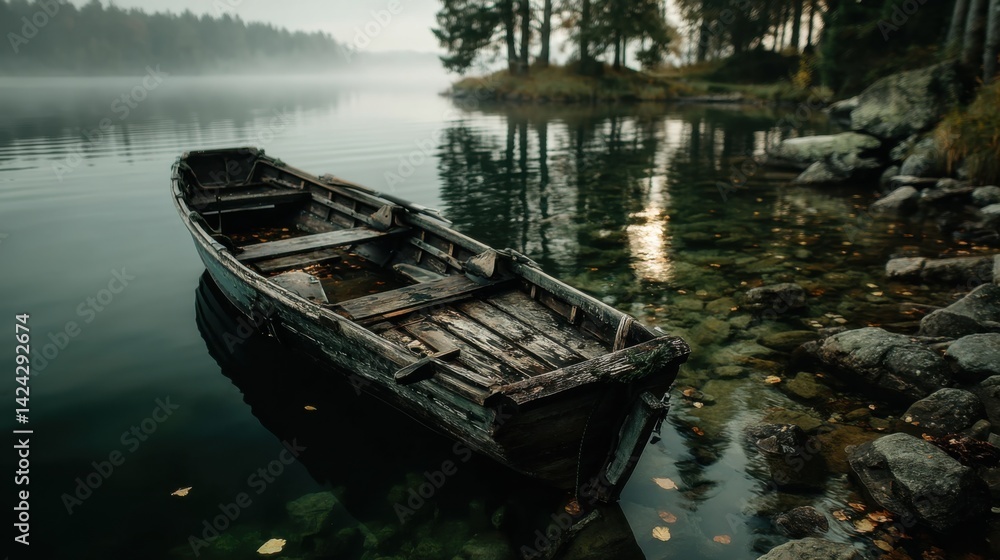 Old weathered wooden boat partially submerged in calm lake water with misty forest shoreline and rocky bank in early morning soft natural light, serene landscape scene Old weathered wooden boat partially submerged in calm lake water with misty forest shoreline and rocky bank in early morning soft natural light, serene landscape scene