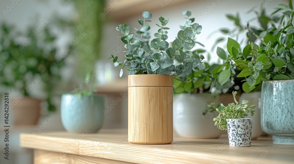 Fototapeta premium Potted greenery sits on a bright shelf