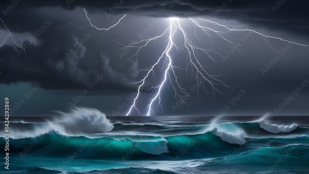 A dramatic and intense depiction of a lightning storm raging over the open ocean, with dark grey and indigo clouds stretching across the sky, illuminated by vibrant flashes of electric blue lightning