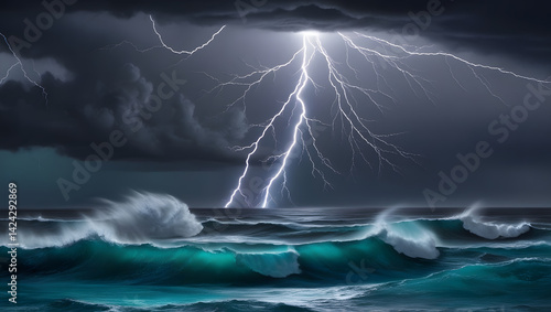 Obraz na płótnie A dramatic and intense depiction of a lightning storm raging over the open ocean, with dark grey and indigo clouds stretching across the sky, illuminated by vibrant flashes of electric blue lightning w salonie