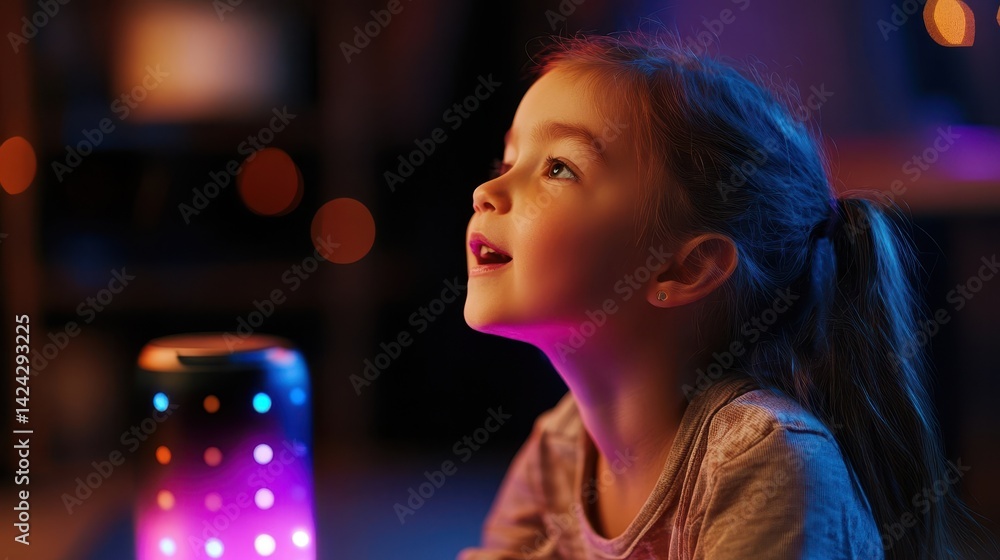 A young girl with vibrant, colorful lights in the background. A young girl with vibrant, colorful lights in the background.