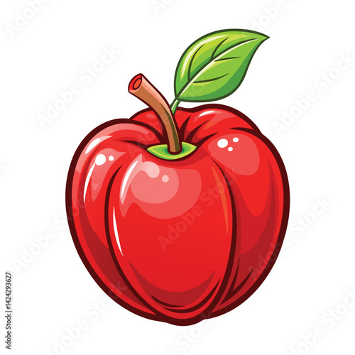 Vibrant red apple with green leaf
