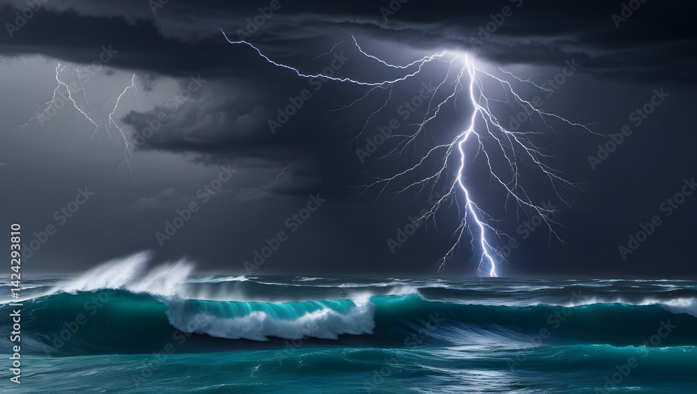 A dramatic and intense depiction of a lightning storm raging over the open ocean, with dark grey and indigo clouds stretching across the sky, illuminated by vibrant flashes of electric blue lightning