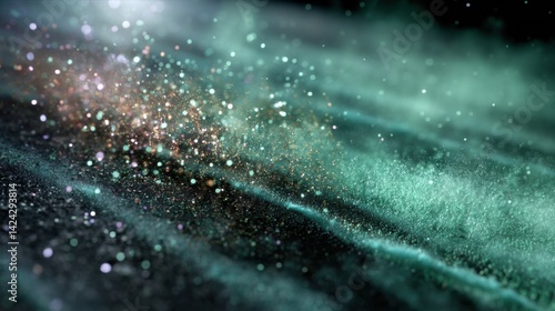 Close-up of fine shimmering particles creating a glowing misty texture with teal and gold hues in abstract makeup setting spray concept in high detail and soft lighting