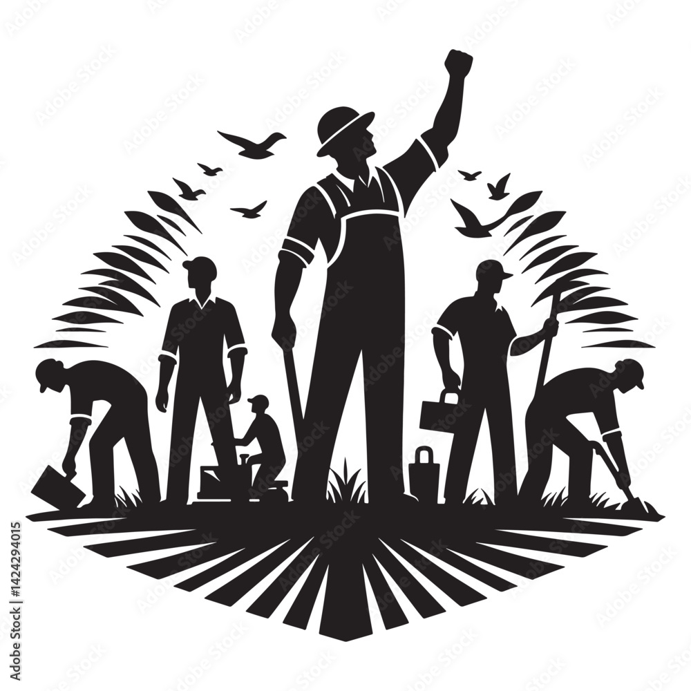 Workers union illustration featuring agriculture and labor rights black and white design, labor day