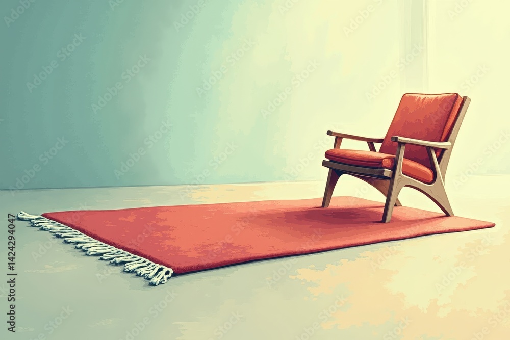 Mid-century modern chair with red carpet in minimalist room