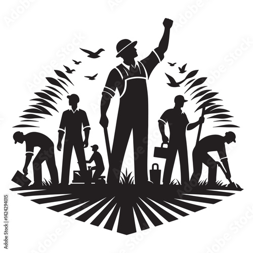Obraz na płótnie Workers union illustration featuring agriculture and labor rights black and white design, labor day w salonie