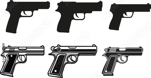 Pistol Weapon Icons Set – Black Gun Silhouette Vector on White Background