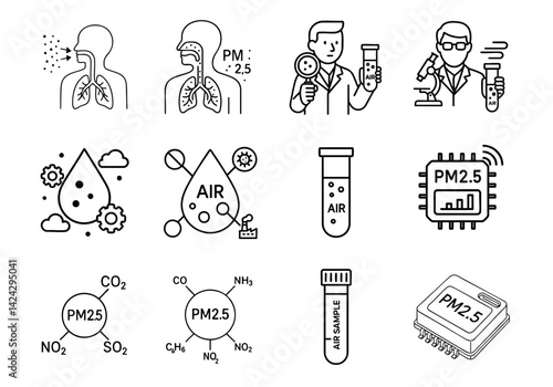 pm 2.5 particles impact concept. Health and air quality illustrations with scientific elements.