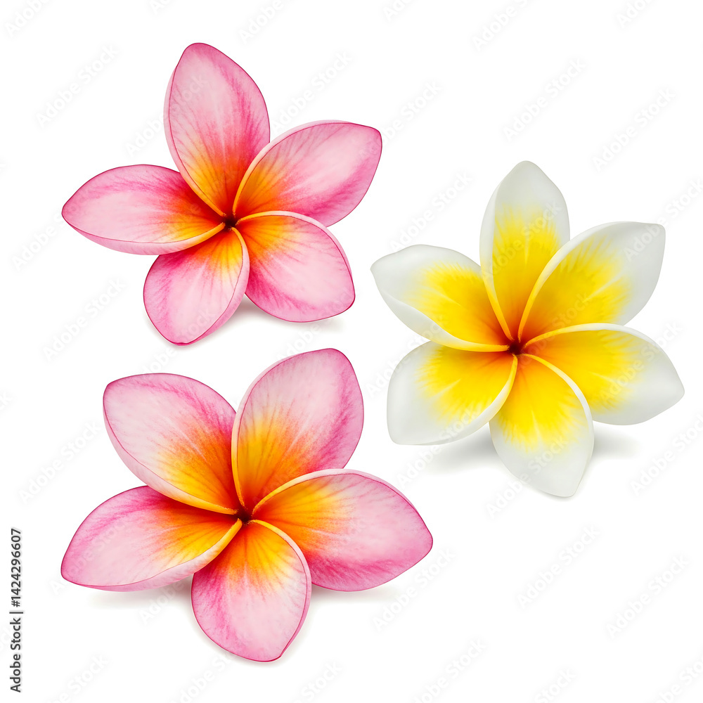Fototapeta premium Vibrant Pink and White Plumeria Flowers Against a White Background