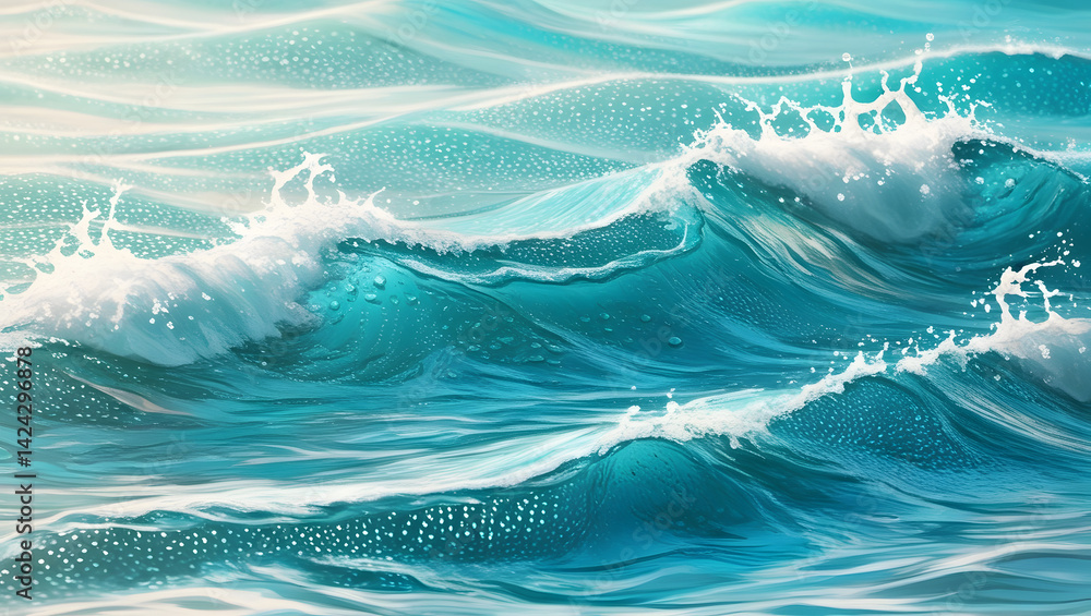 A mesmerizing abstract summer background featuring turquoise blue ocean waves with a intricate surface texture, glistening with tiny droplets of water that refract the light. The waves gently undulate