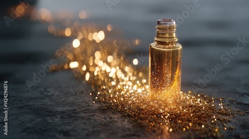 Photorealistic close-up of a brightening serum bottle emitting a radiant golden glow spreading over a dark textured surface, luxury skincare concept with shimmering illumination effect