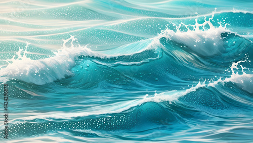 Obraz na płótnie A mesmerizing abstract summer background featuring turquoise blue ocean waves with a intricate surface texture, glistening with tiny droplets of water that refract the light. The waves gently undulate w salonie