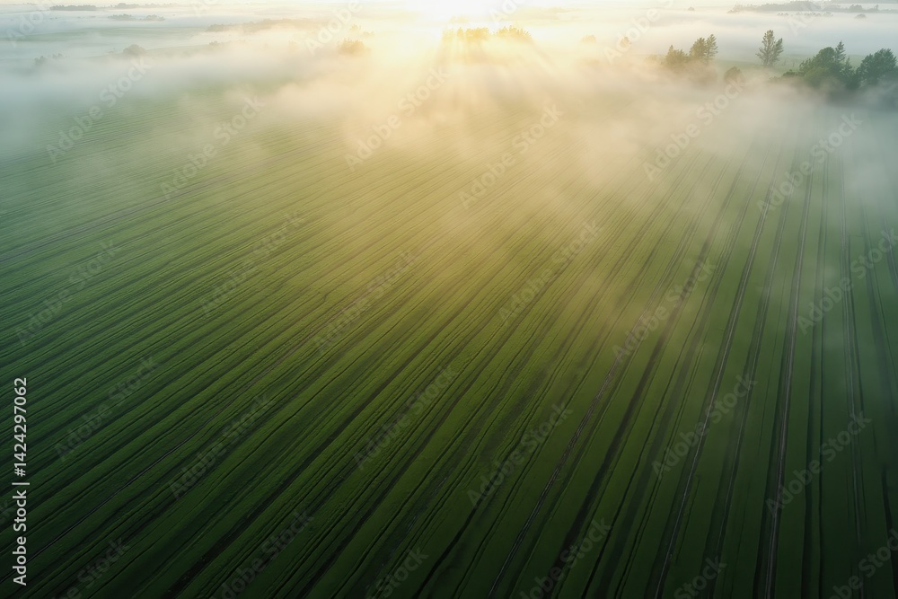 Morning mist tranquil green fields