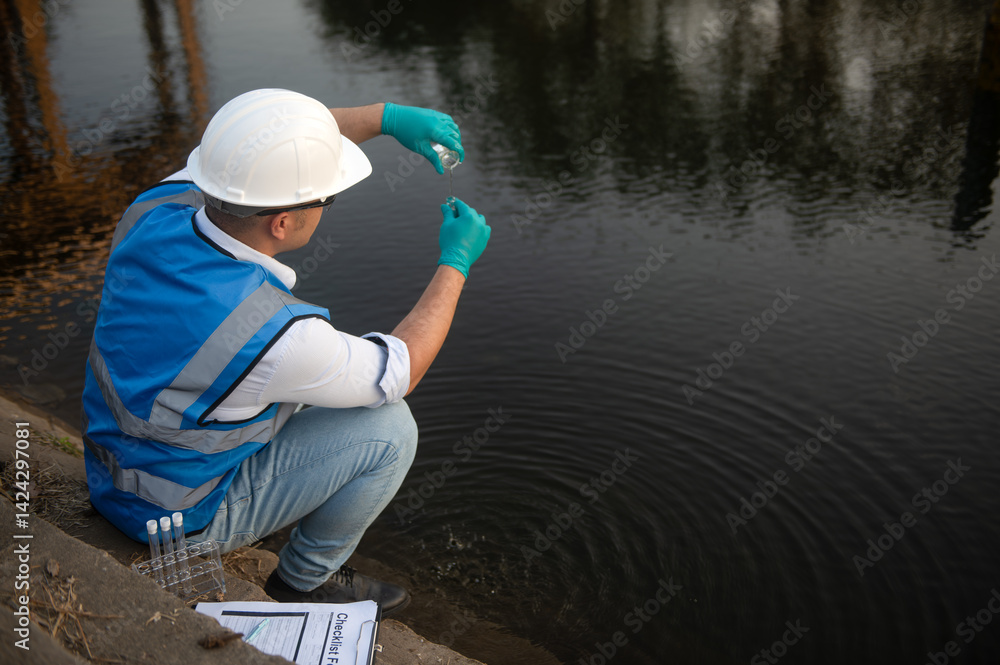 A water resource worker is bending down to collect water samples from a canal into test tubes for testing A water resource worker is bending down to collect water samples from a canal into test tubes for testing