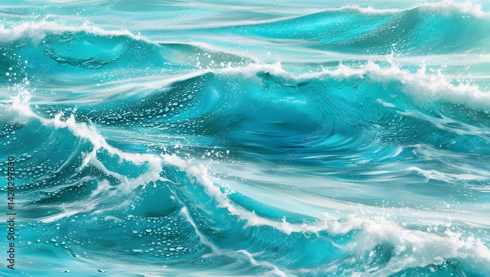 A mesmerizing abstract summer background featuring turquoise blue ocean waves with a intricate surface texture, glistening with tiny droplets of water that refract the light. The waves gently undulate